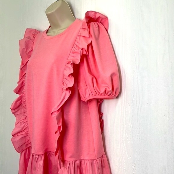 English Factory - Pink Puff Sleeve Ruffle Detail Short Sleeve  Mini Dress Medium - Picture 5 of 12